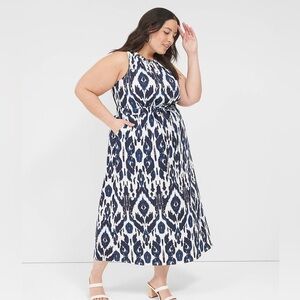 Lane Bryant Navy Ikat Elastic-Neck Tie-Waist Midi Dress Size 24